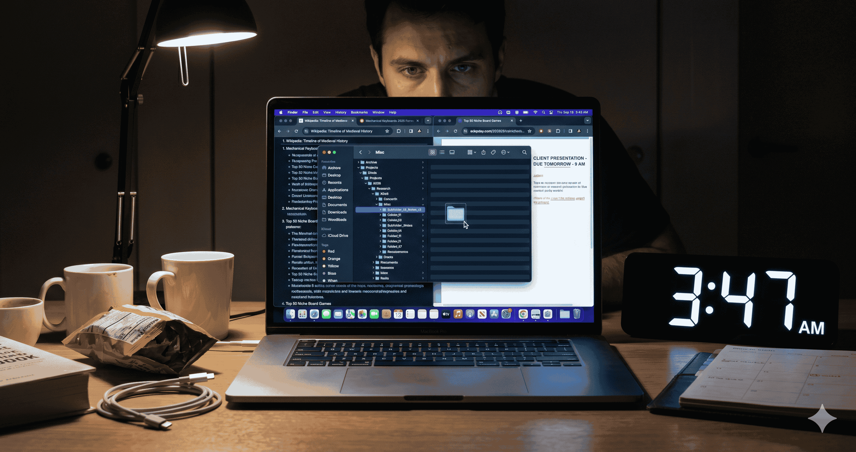 A cluttered Mac desktop with reorganized folders and open tabs while the real deadline waits, the visible cost of ADHD hyperfocus on wrong things.