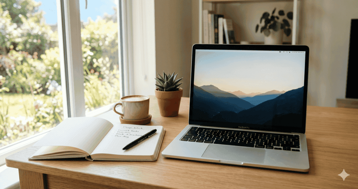 A Mac desk at noon with the browser closed and a notebook open — the calm an app to block distracting websites is supposed to give back.