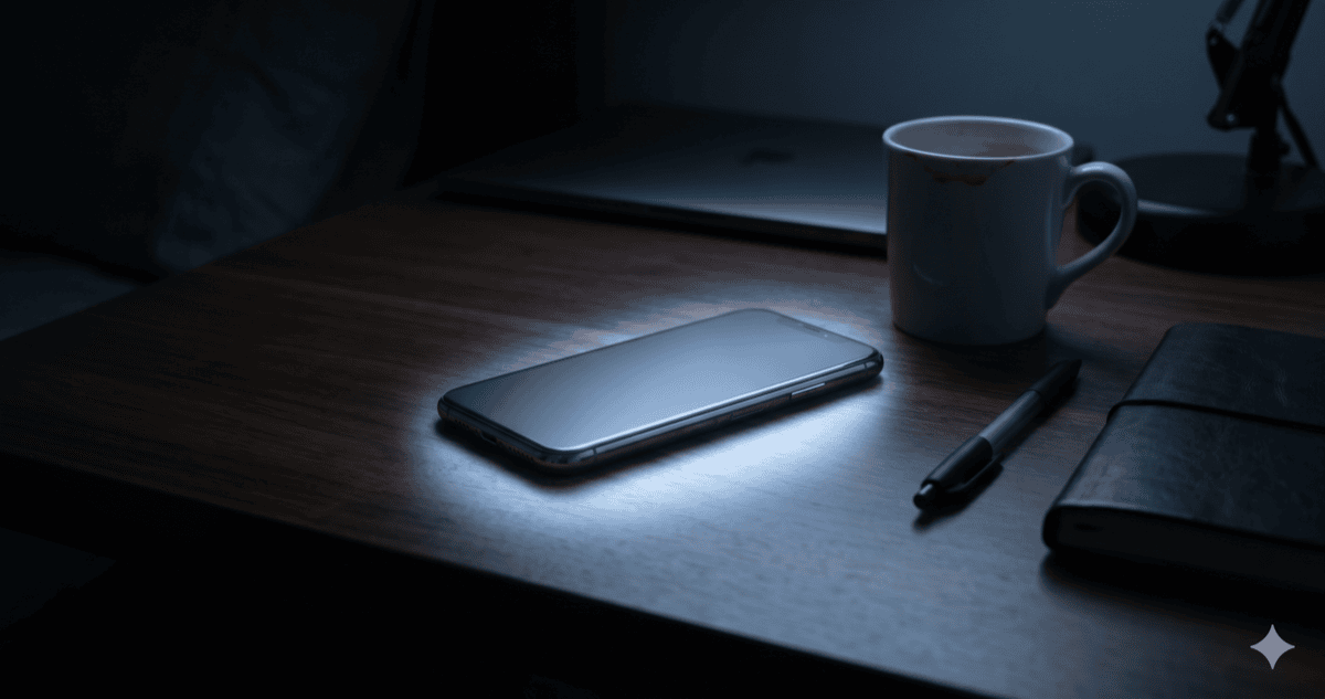 A glowing phone face-down on a desk at midnight — the quiet aftermath of a day lost to digital addiction.