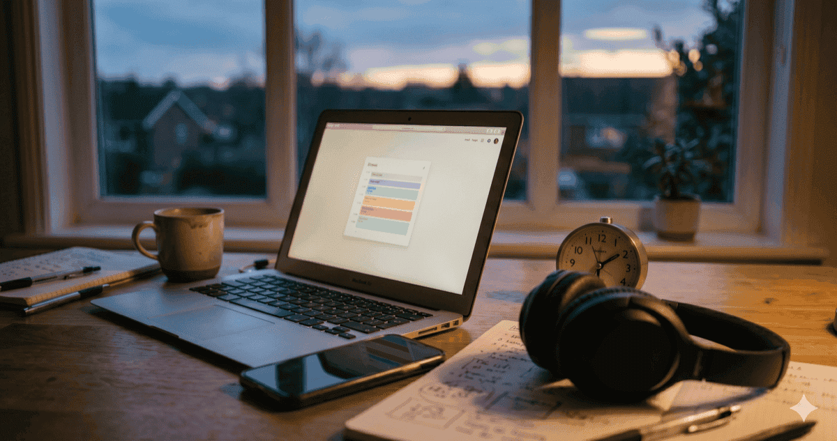 A desk at dusk with a laptop, phone, and headphones — the everyday tools that quietly steal hours from people with time blindness.