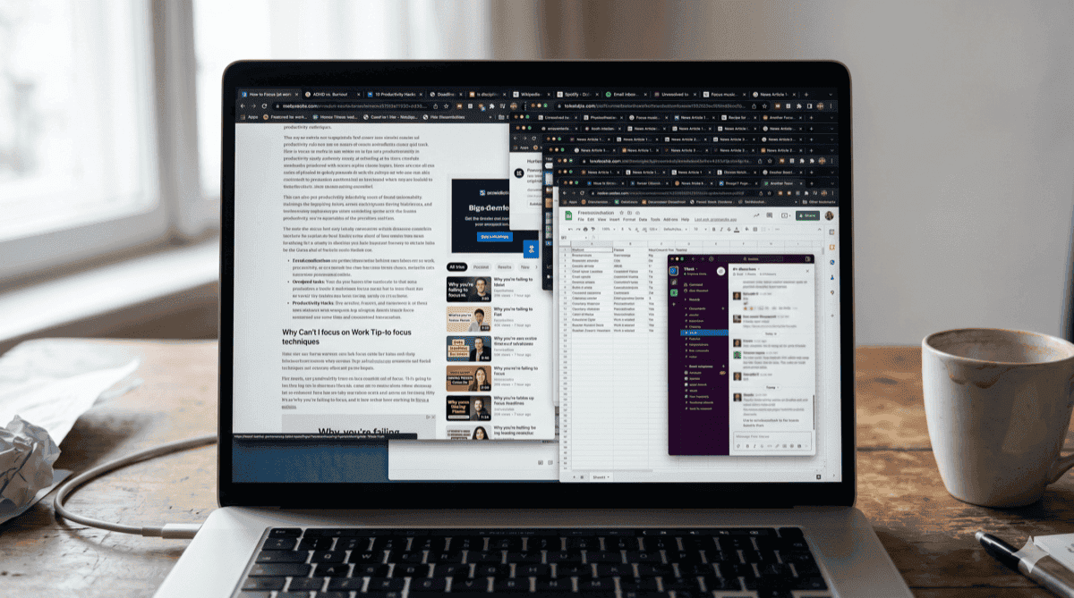 A cluttered laptop screen with too many tabs open — what it actually feels like when you can't focus on work.