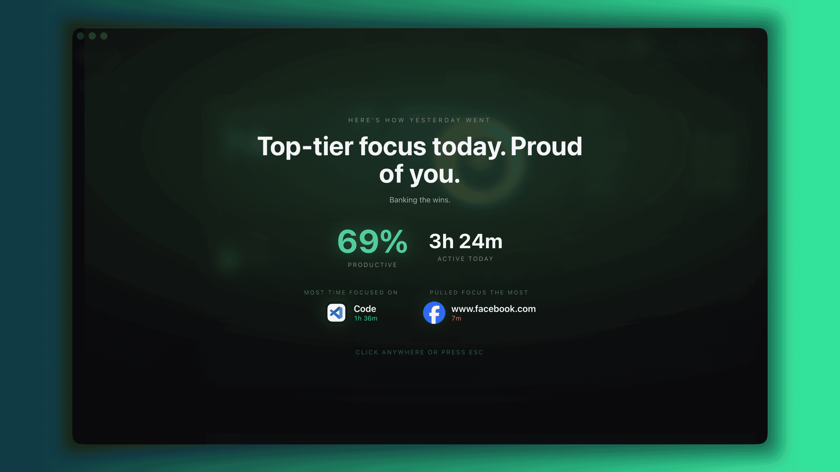 Daily dashboard summary showing productive hours, top apps, and focus streaks at a glance